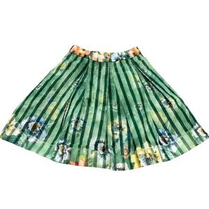 Girls Green Striped Floral Pleated Skirt with Gold Back Zipper Knee Length